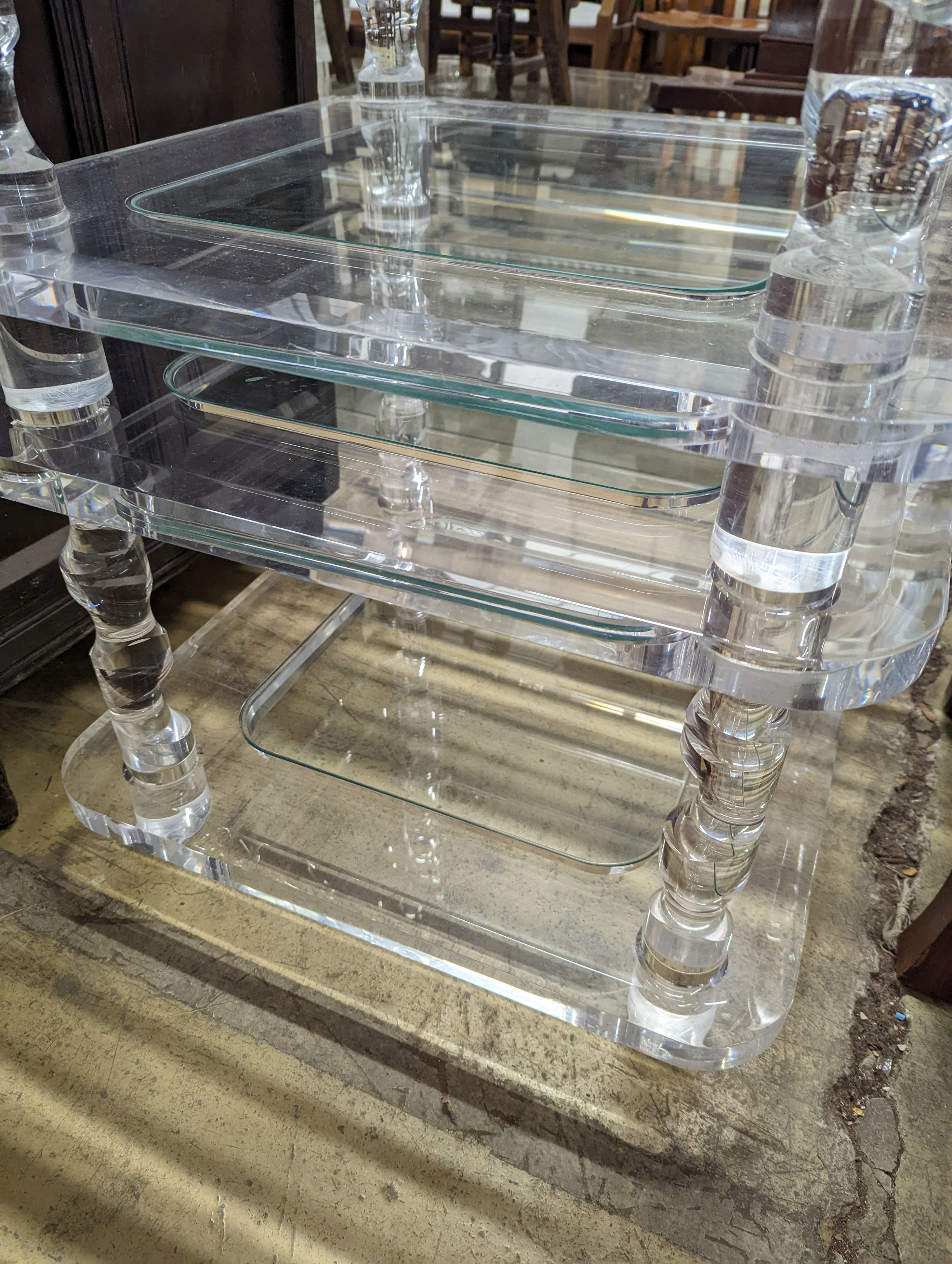 Two contemporary square perspex and glass two tier occasional tables, width 60cm, depth 40cm